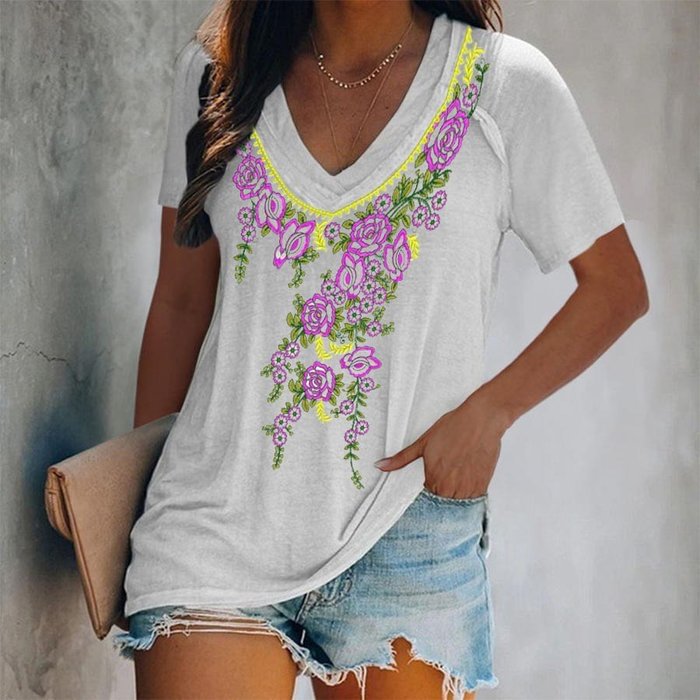 Vintage Floral Printed Women's Ethnic Style V-Neck Short Sleeve T-Shirt