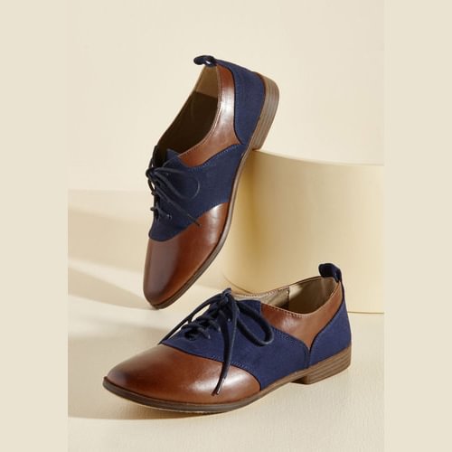 Brown and Navy Women's Oxfords Round Toe Flats Lace up Vintage Shoes |FSJ Shoes