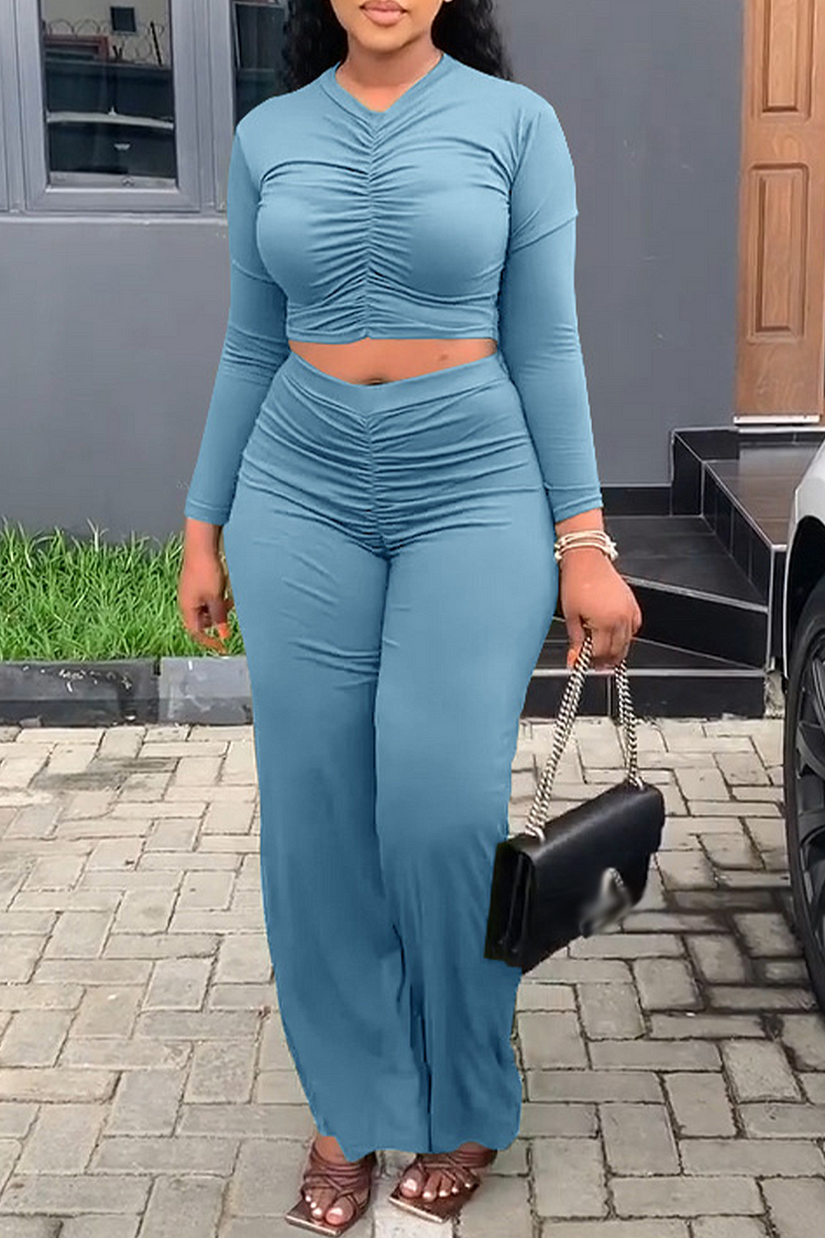 Sky Blue Fashion Solid Fold V Neck Long Sleeve Two Pieces