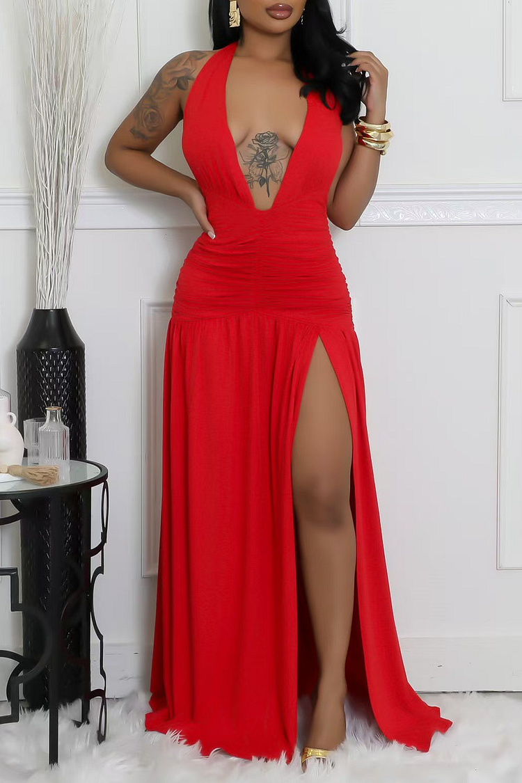 Deep V Neck Ruched Cinch Waist High Slit Halter Maxi Dresses-White