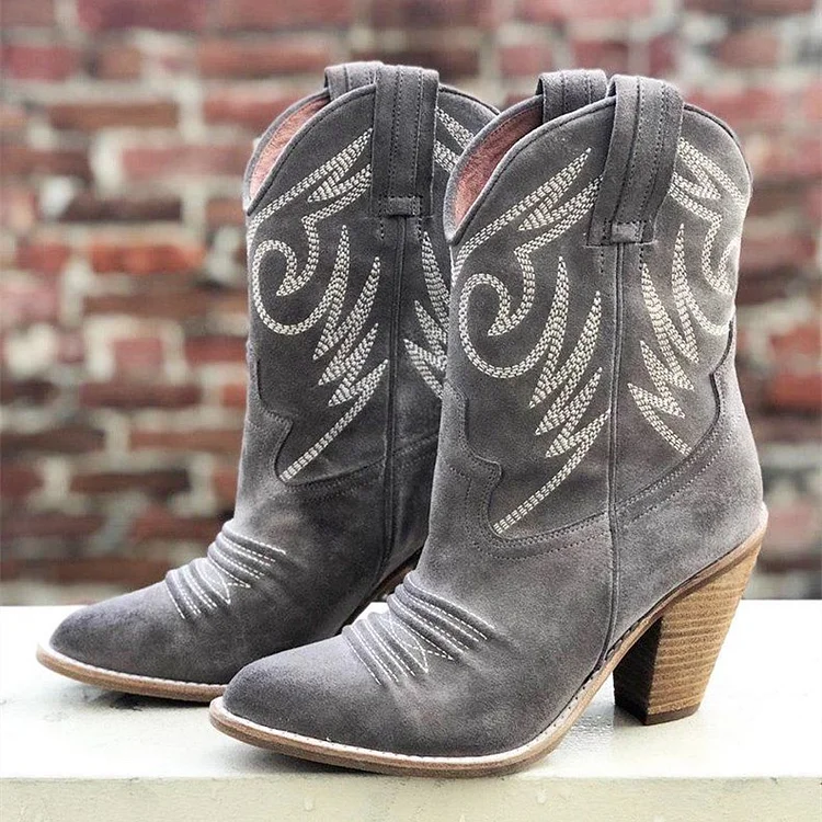 Grey Vegan Suede Cowgirl Boots Chunky Heel Mid-Calf Boots |FSJ Shoes