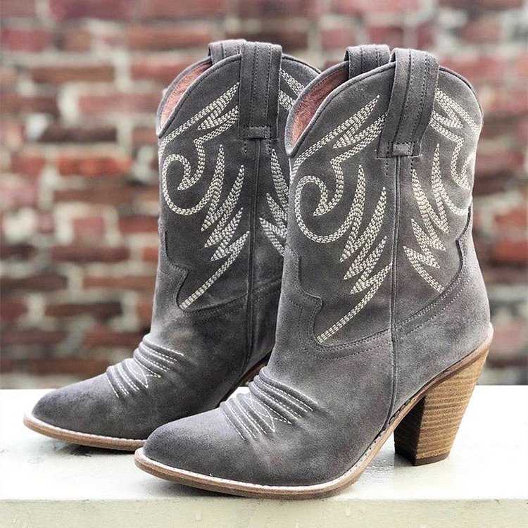 Grey Suede Cowgirl Boots Chunky Heel Mid-Calf Boots |FSJ Shoes