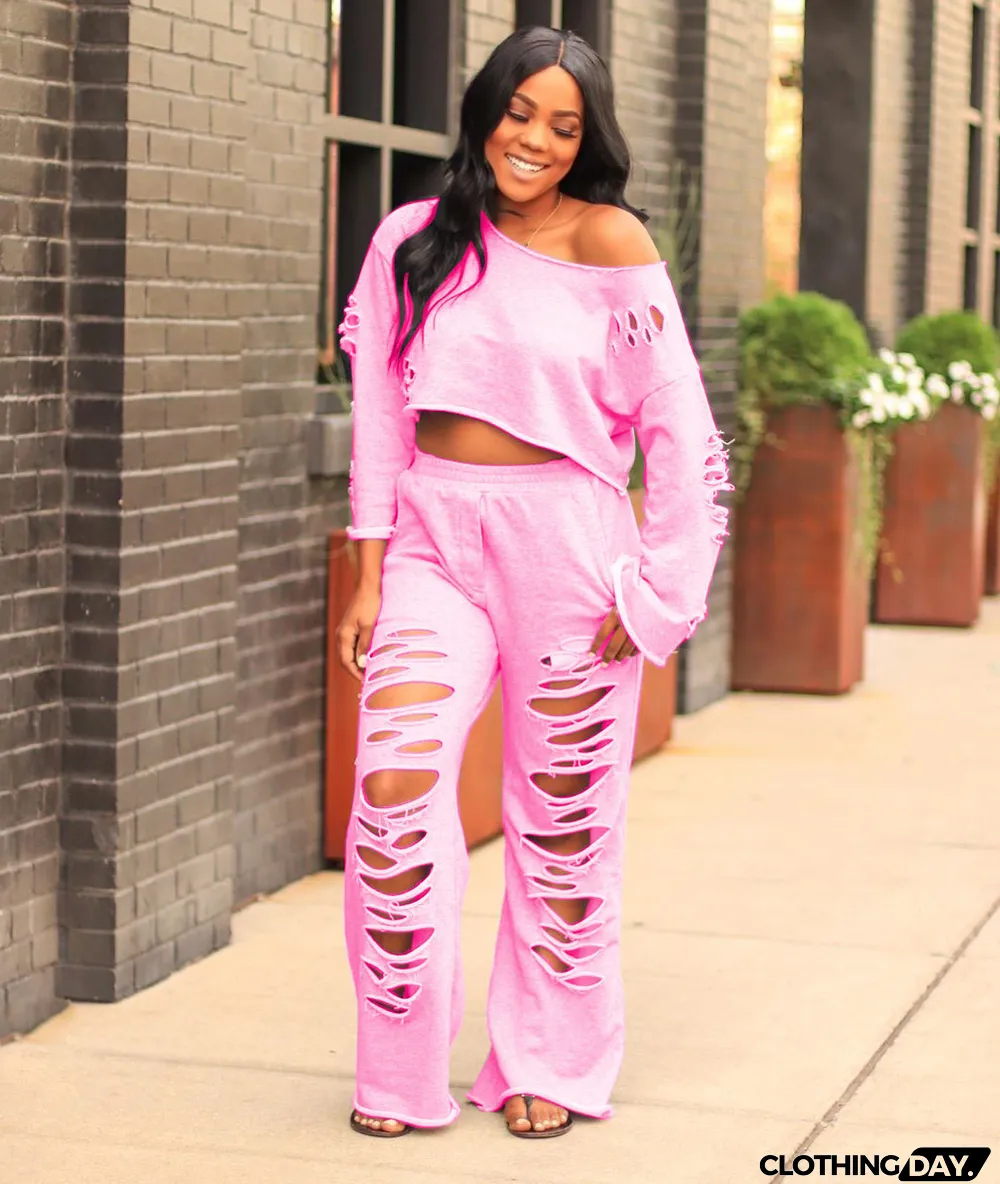Casual Solid Color Ripped Flared Pants Suit