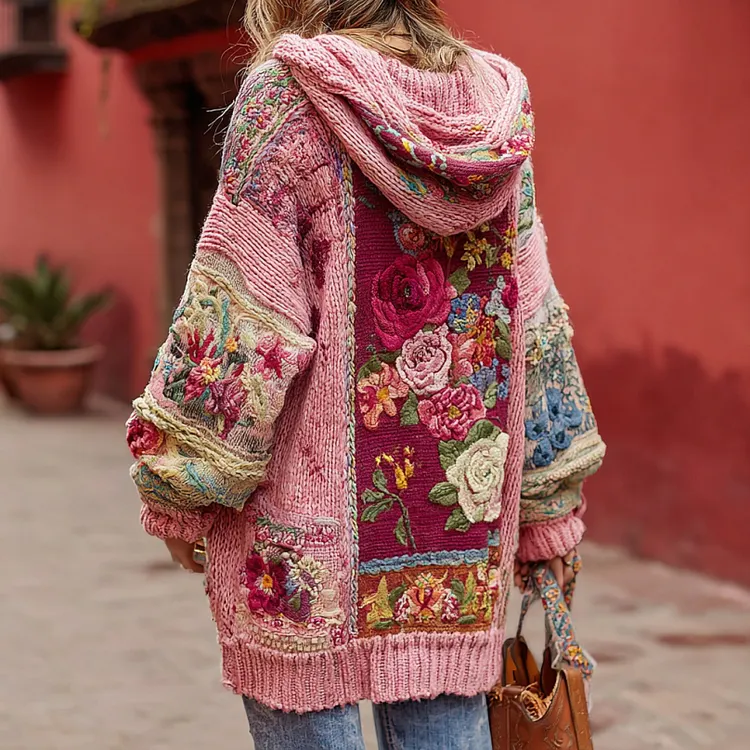 Women's Bohemian Floral Embroidery Patchwork Art Cozy Knit Hooded Sweater Cardigan