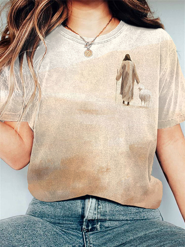 Comstylish Women's Jesus And Sheep Art Painting Print Casual T-Shirt