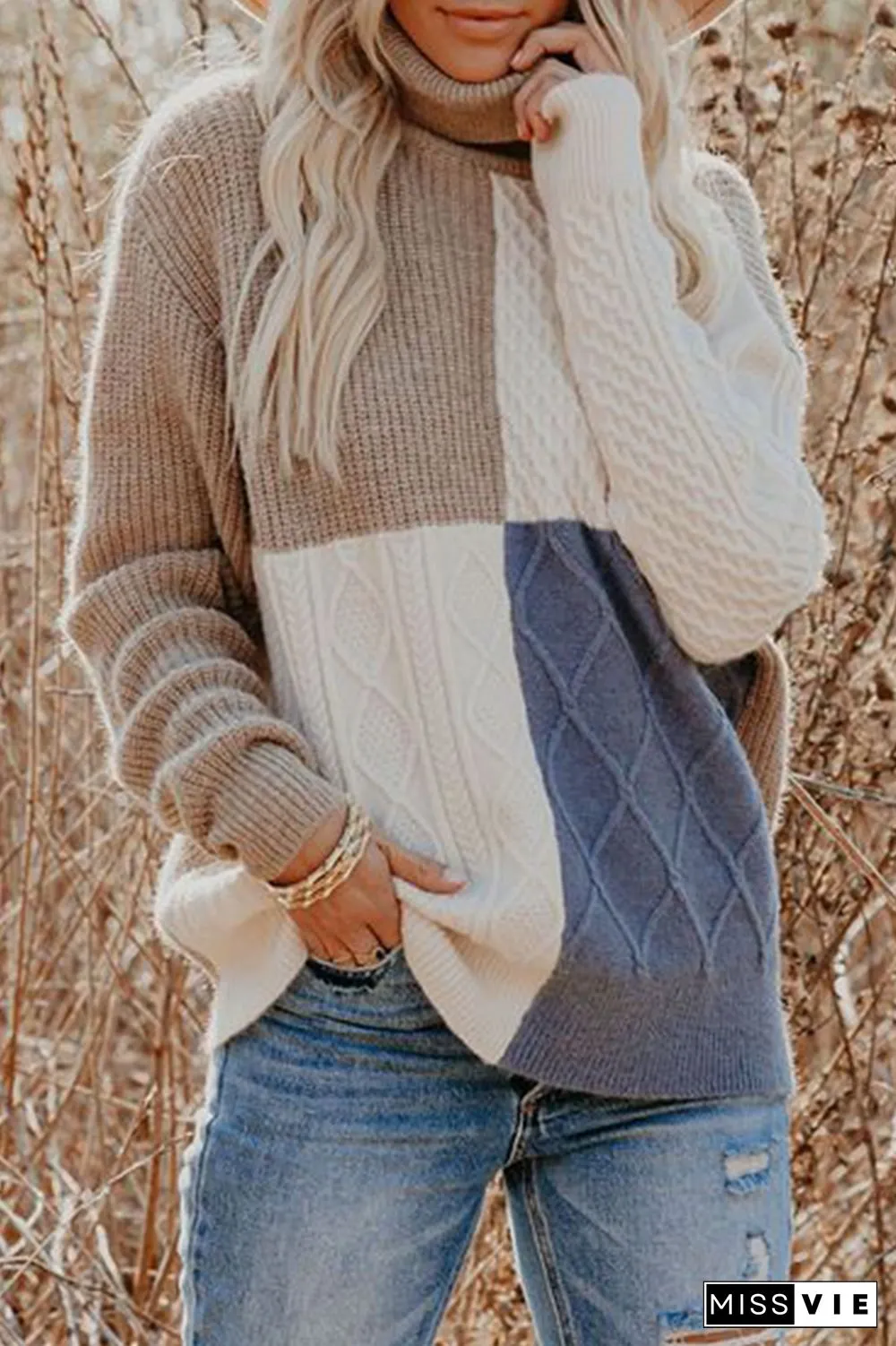 Casual Patchwork  Contrast Turtleneck Tops