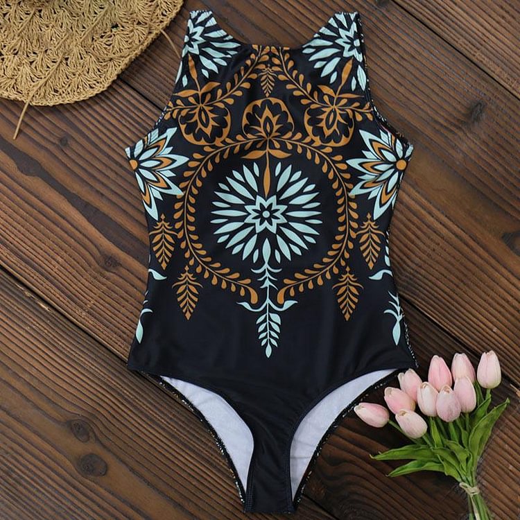 Flaxmaker Print Vintage Retro Backless Sexy One Piece Swimsuit