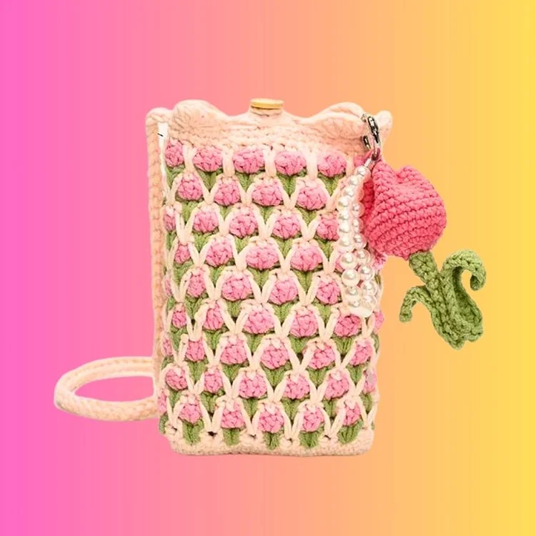Lulusnow Handmade Pink Tulip Bag Phone Bag Gift For Her/Him/Kids/Christmas/Birthday/Easter Crochet Crossbody Bag