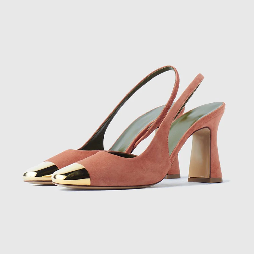 Elegant Vegan Suede Metal Cap Square Toe Slingback Heels in Pink