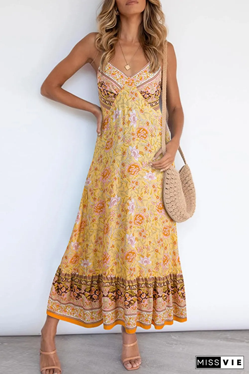 Bohemian Floral Flounce V Neck A Line Dresses