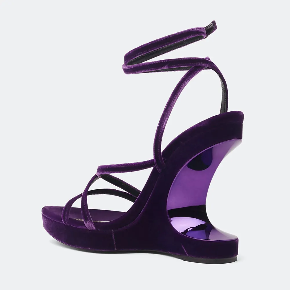 Dark Purple Velvet Square Toe Strappy High Heels Sandals with Buckle