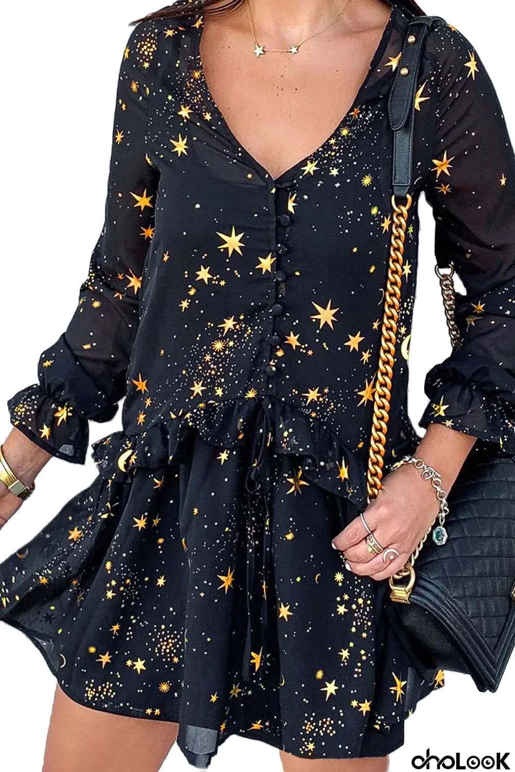 Shimmer Ruffle V Neck Stars Print Long Sleeve Casual Short Dress