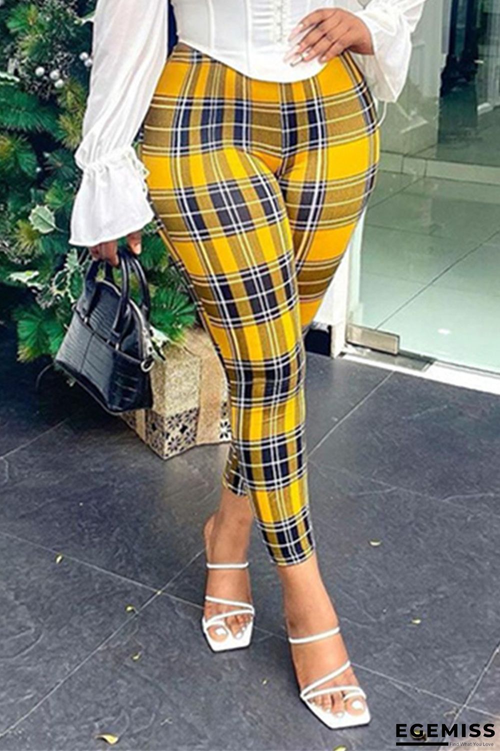 Yellow Fashion Casual Plaid Print Basic Regular High Waist Trousers | EGEMISS