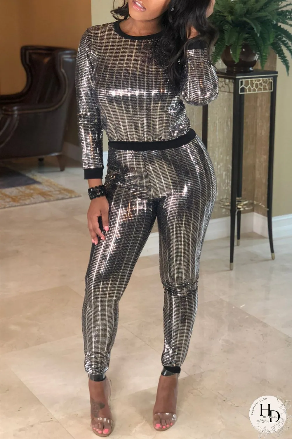Brown Fashion Casual Patchwork Sequins O Neck Long Sleeve Two Pieces