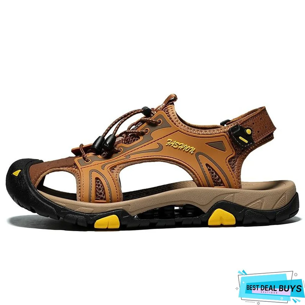 Men Genuine Leather Sandals Fashion Flat Beach Sandals Sneakers