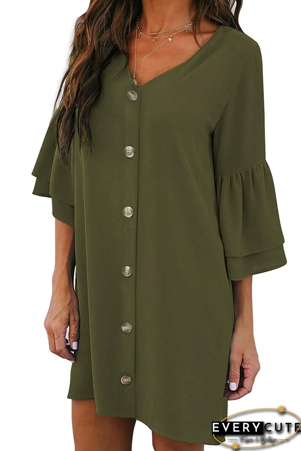 Green V Neck Buttoned Bell Sleeve Shift Shirt Dress