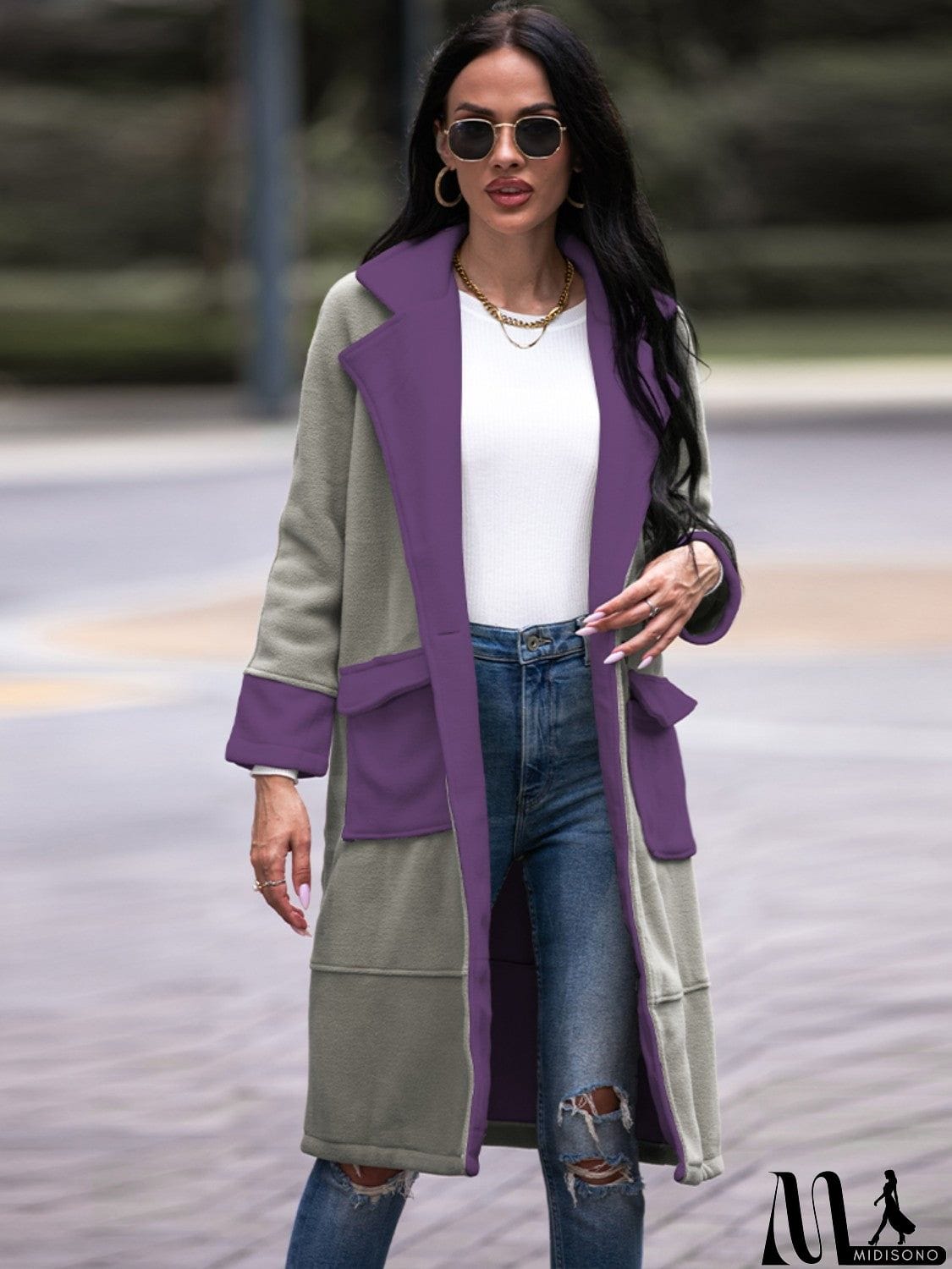 MidiSono - Contrast Lapel Collar Coat with Pockets