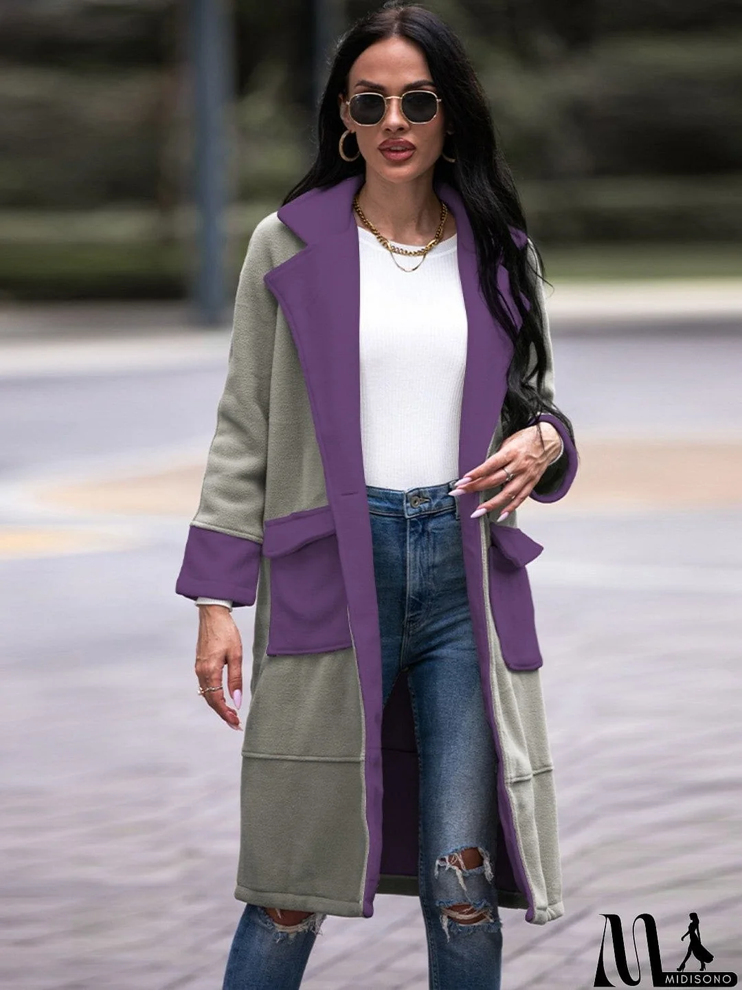 MidiSono - Contrast Lapel Collar Coat with Pockets