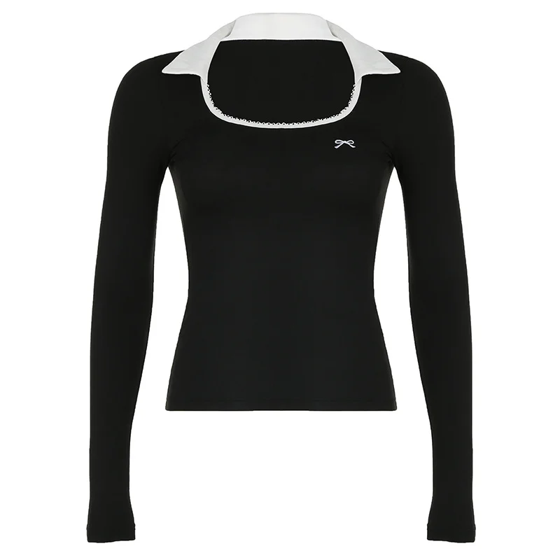 Ueong And Cool Hot Girl Style Polo Collar Printed T-Shirt Early Autumn New Sexy Clavicle Bow Long-Sleeved Blouse