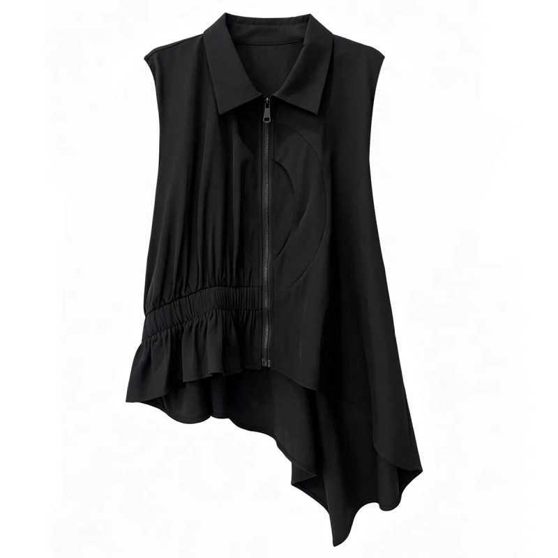 Asymmetrical zipper vest & mesh splicing skirt set