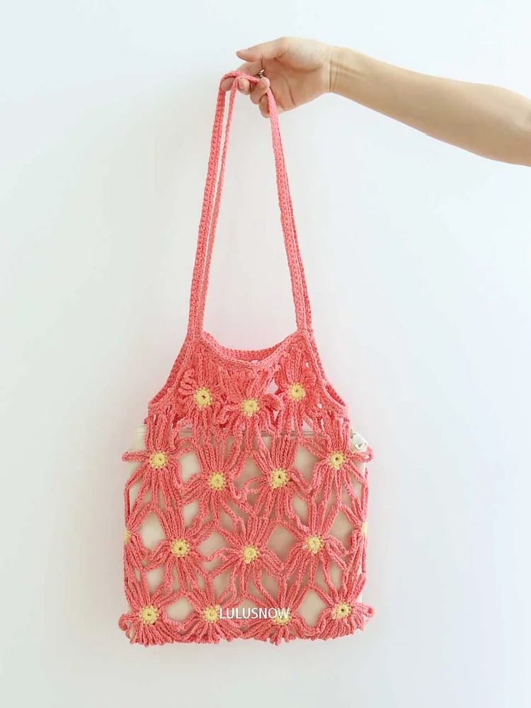 Lulusnow Handmade Pink Daisy Beach Summer Bag Crochet Shoulder Bag  Minimalist Lifestylet Gift For Her