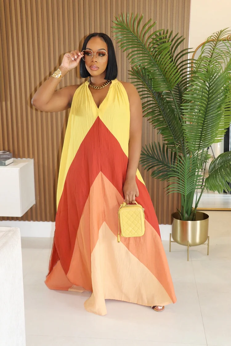 Colorblock V Neck Oversize Vacation Maxi Dresses-Multicolor [Pre Order]