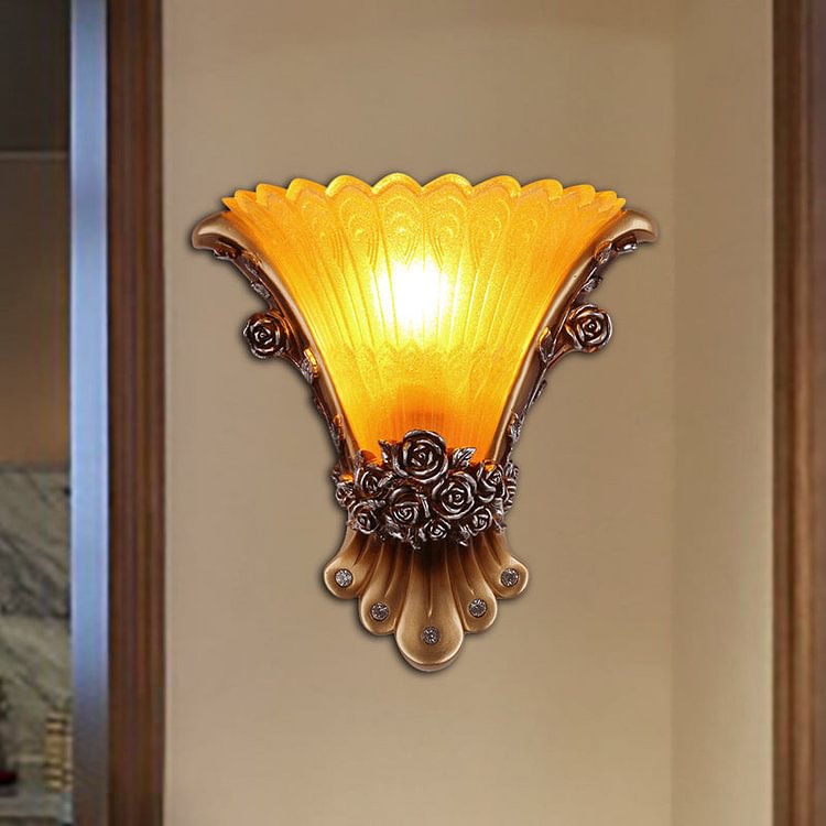 1 Light Wall Lamp with Flared Shade Yellow Glass Modernist Style Bedroom Wall Light Sconce with Rose Deco