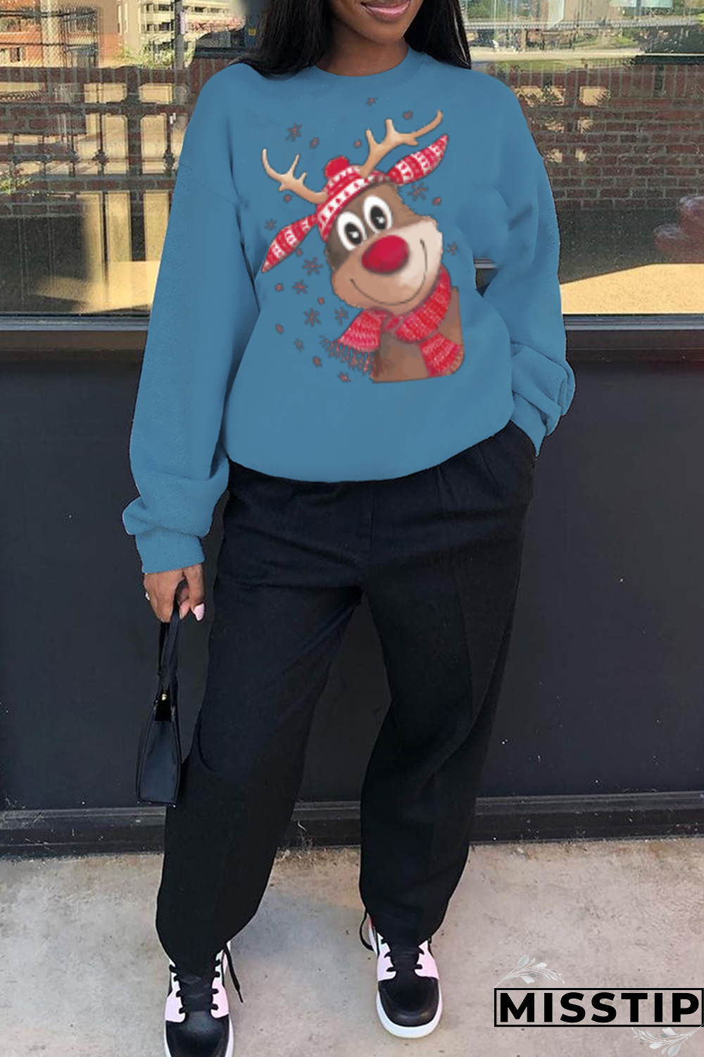 Black Casual Street Print Wapiti Patchwork O Neck Tops