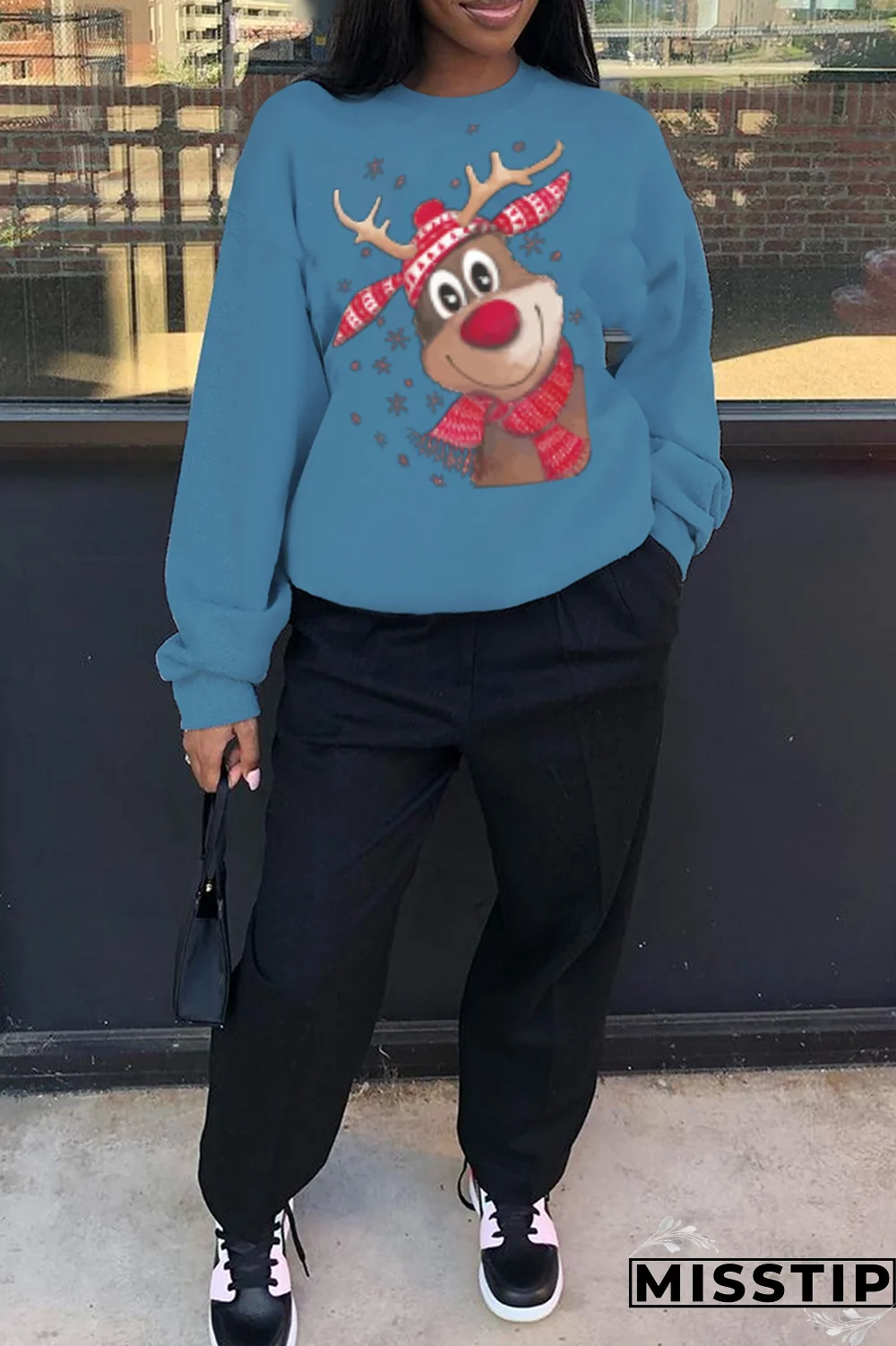 Black Casual Street Print Wapiti Patchwork O Neck Tops