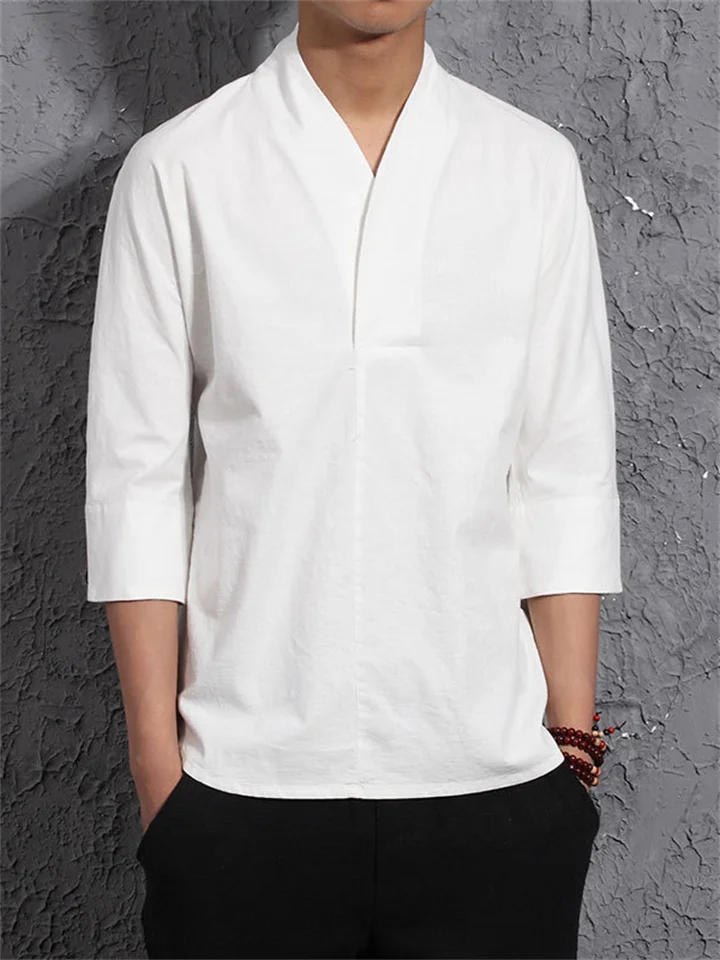 Vintage Men's Cotton Linen Short-sleeved V-neck T-shirt Summer Seven-quarter Sleeve Men's T-shirt