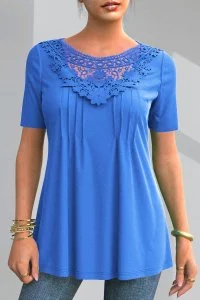 Plus Size Solid Pleated Lace Patchwork T Shirt