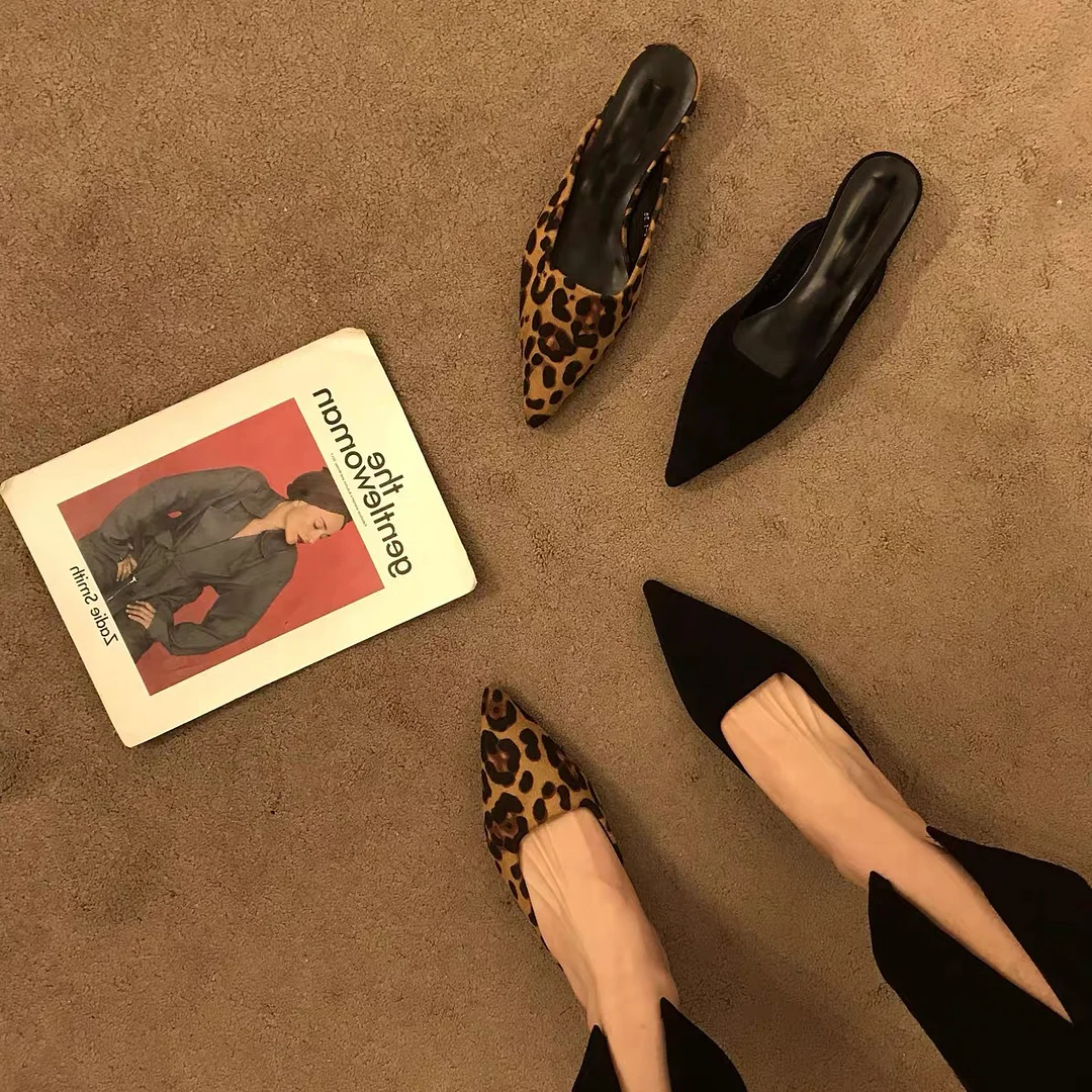 Yyvonne Female Low-Heeling Point 2025 New French Temperament Fine And Leopard-Print Lazy Light-Mouthed Cold Slippers