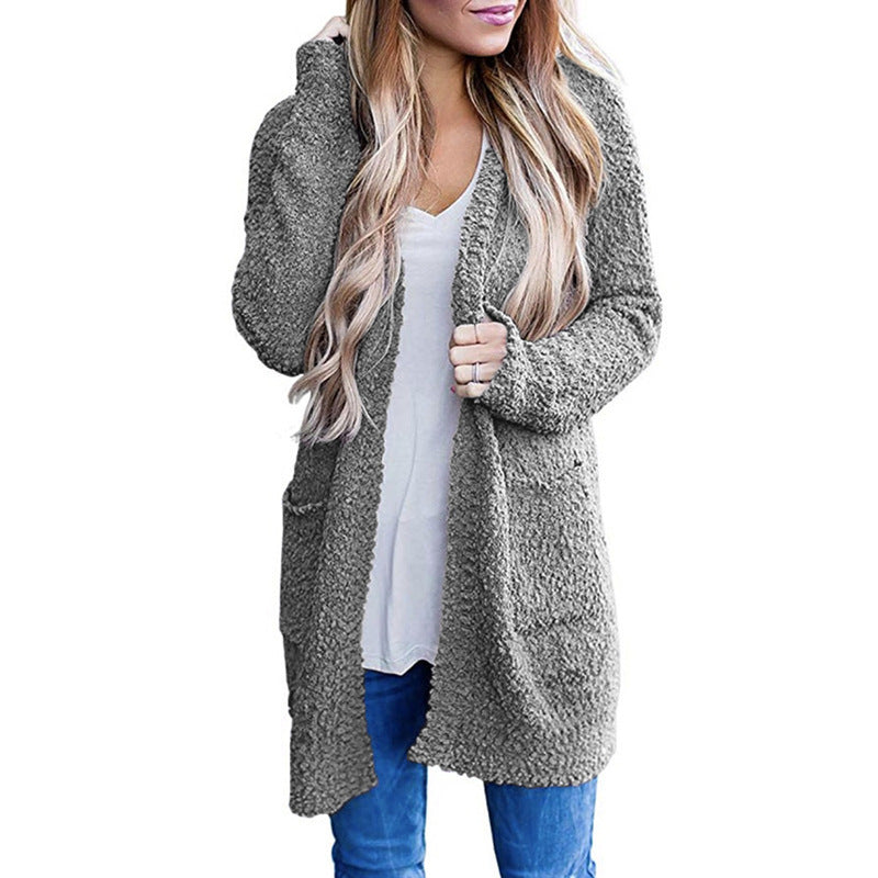 Aiertu long sweater dress outfit Autumn and Winter Knitwear Solid Color Fleece Double Pocket Cardigan Sweater aiertu