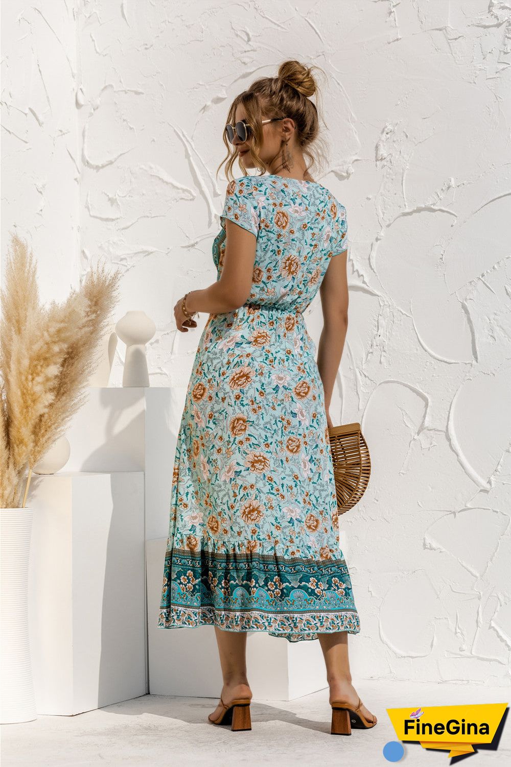 Short Sleeve V Neck Floral Maxi Dress
