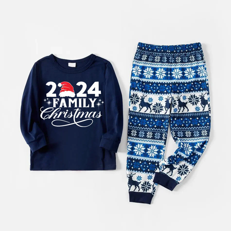 "2024 Family Christmas" Letter Print Blue Family Matching Pajamas Sets