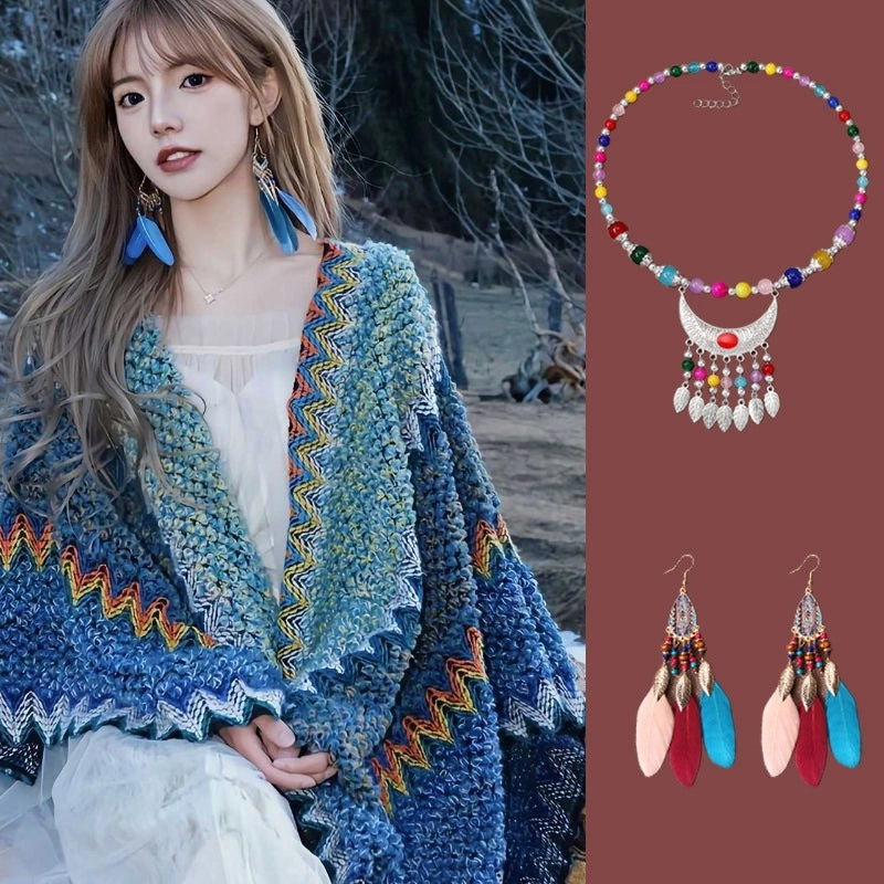 Yunnan Lijiang Travel Outside Knitted Shawl Ethnic Style Vintage Cape Cloak Tassel Scarf For Vacation Wear