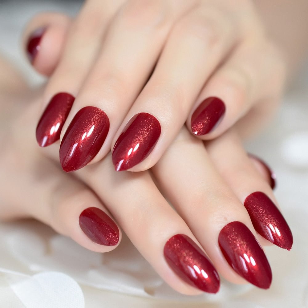 EchiQnails Pure Red Almond Nails Short Reusable Detachable Filling Glitter Full Cover Nails Stick On Fingernails Tips Glossy