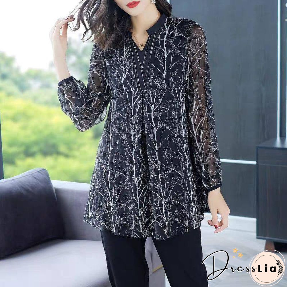 Fashion Women Spring Summer Style Chiffon Blouses Women Csual Long Sleeve Plus Size Print Loose Shirt Elegant Women Tops DF3618