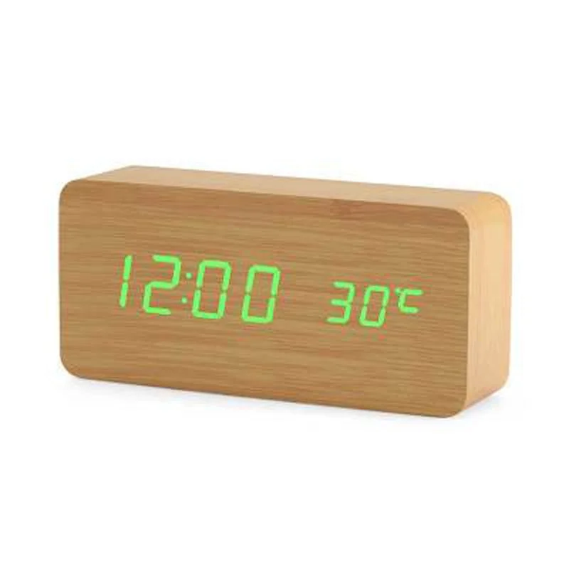 Wooden Digital LED Alarm Clock Voice Control USB/AAA Powered Electronic Table Clock Multifunction Temperature Desk Watch Decor