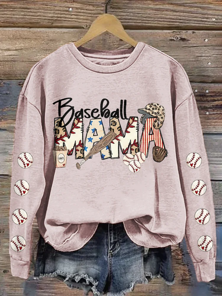 Baseball Mom Print Casual Cozy Sweatshirt