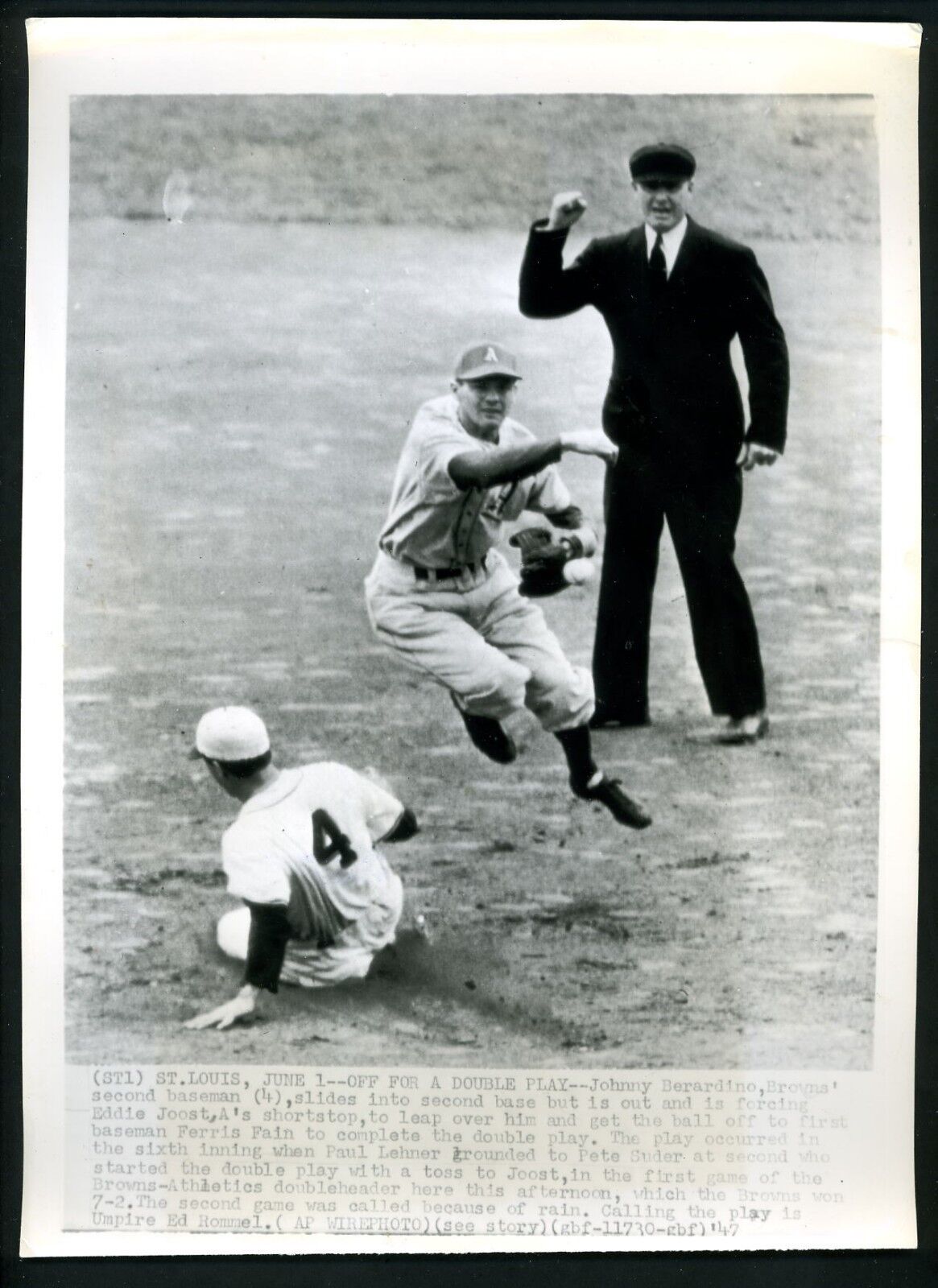 Eddie Joost Johnny Berardino Ed Rommel 1947 Press Photo Poster painting Philadelphia A's Browns