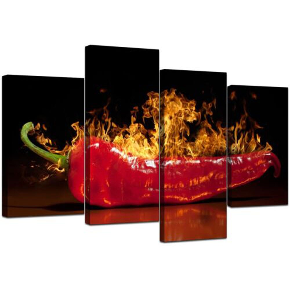 4 Pieces Red Chilli Fire Kitchen Modular Mural Wall Print Art Canvas Poster Pictures Paintings for Living Room Home Decor