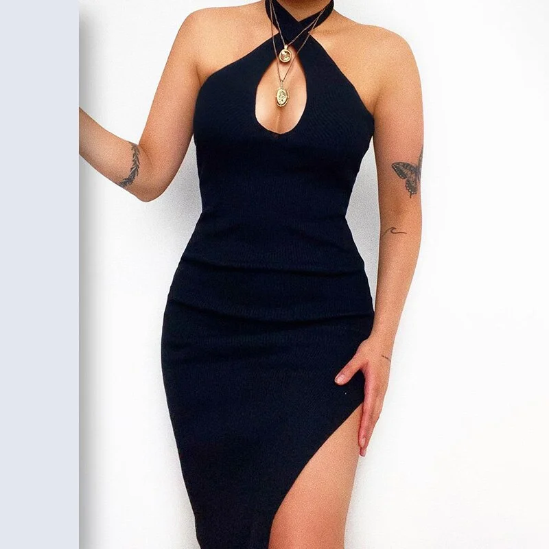 WannaThis Midi Dress Women Sleeveless Summer Sexy Halter Bodycon Knitted Hollow Out Elegant Party Dress For Women Clubwear 2021