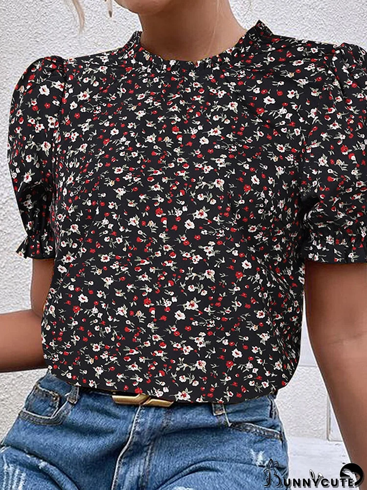 Women Ditsy Floral Print Frill Trim Puff Sleeve Blouse