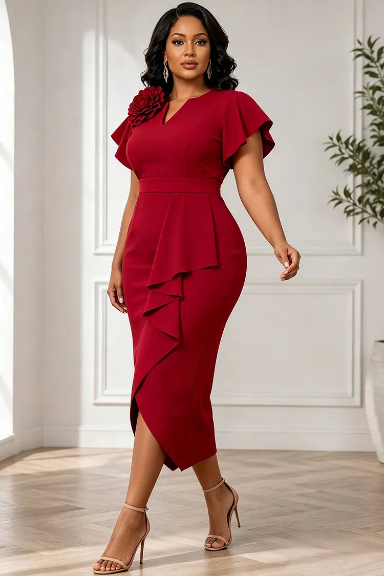 Xpluswear Design Plus Size Business Casual Burgundy Short Sleeve 3D Asymmetric Hem Irregular Hem Midi Dresses [Pre-Order]