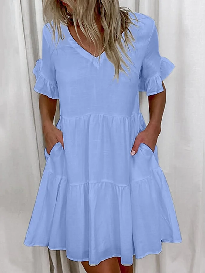 Women's Cotton Linen V-neck Solid Color Pocket Dress