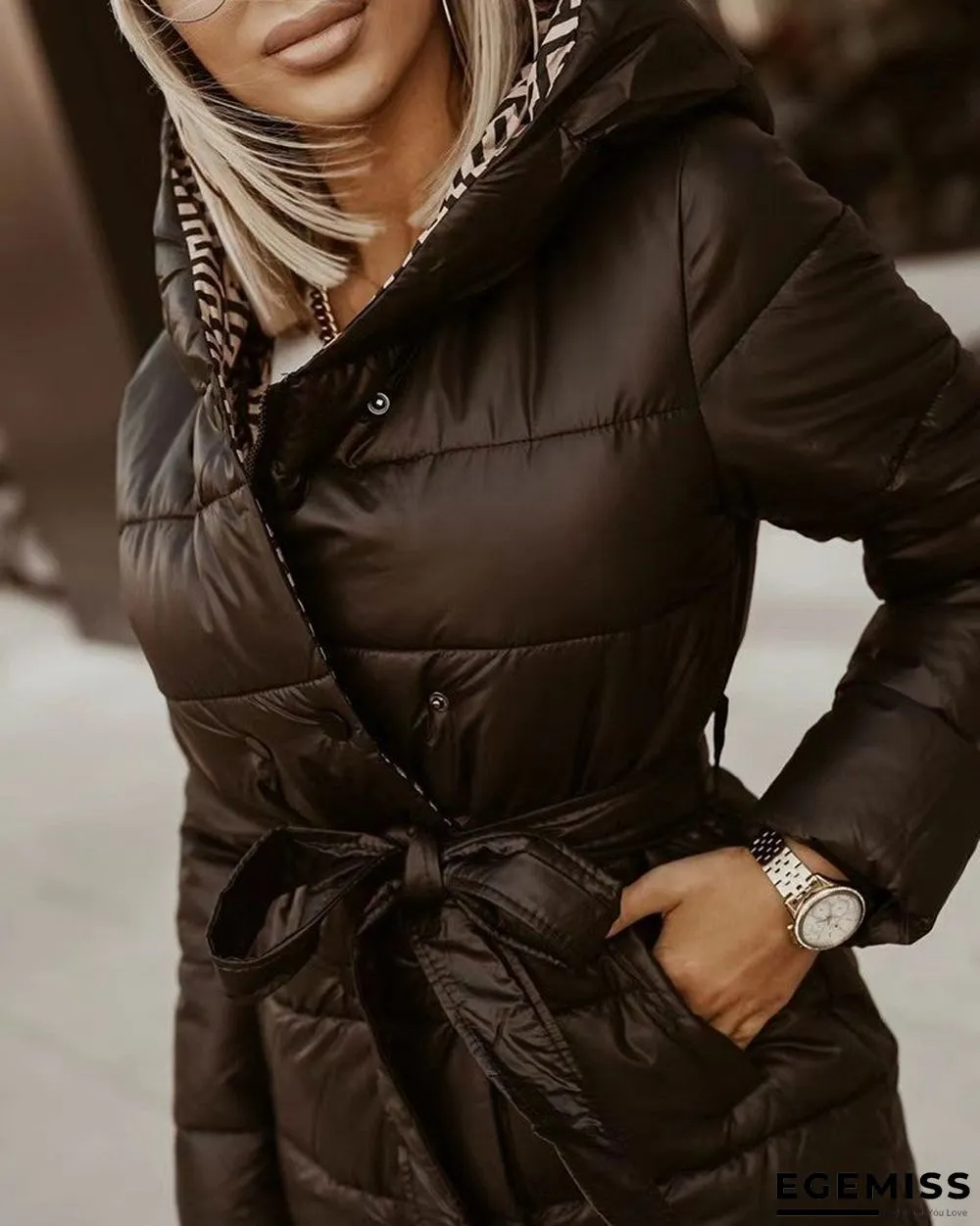 Long Sleeve Buttoned Puffer Coat With Belt | EGEMISS