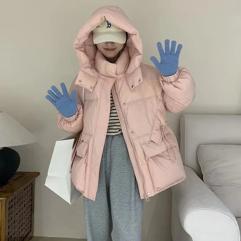 Toloer Hooded Waist Down Jacket Female Long 2024 Winter Fashion Sweet Show Thin Work Small Coat Hot Style-Outfit Ideas