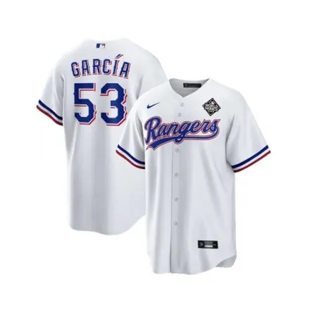 Youth Texas Rangers #53 Adolis Garcia White 2023 World Series Stitched Baseball Jersey