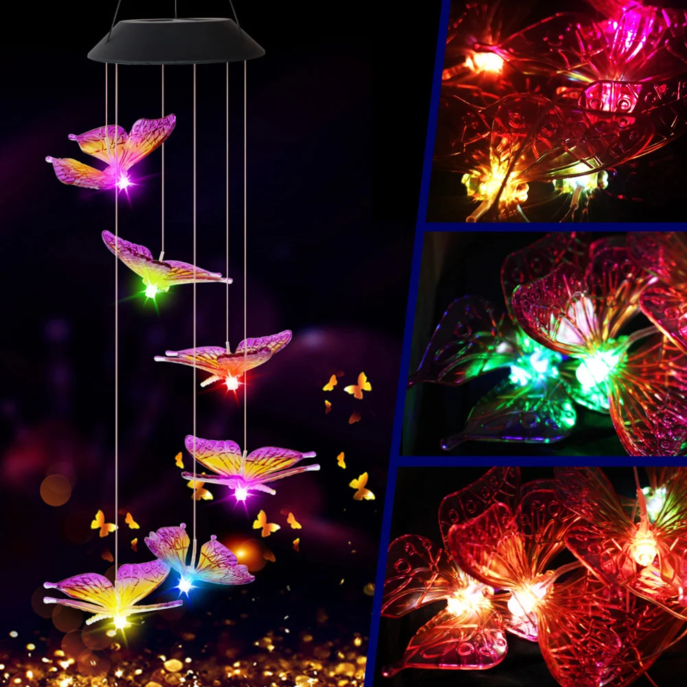 LED Solar Wind Chime Butterfly Light Color Changing IP65 Hanging Lamp (B)